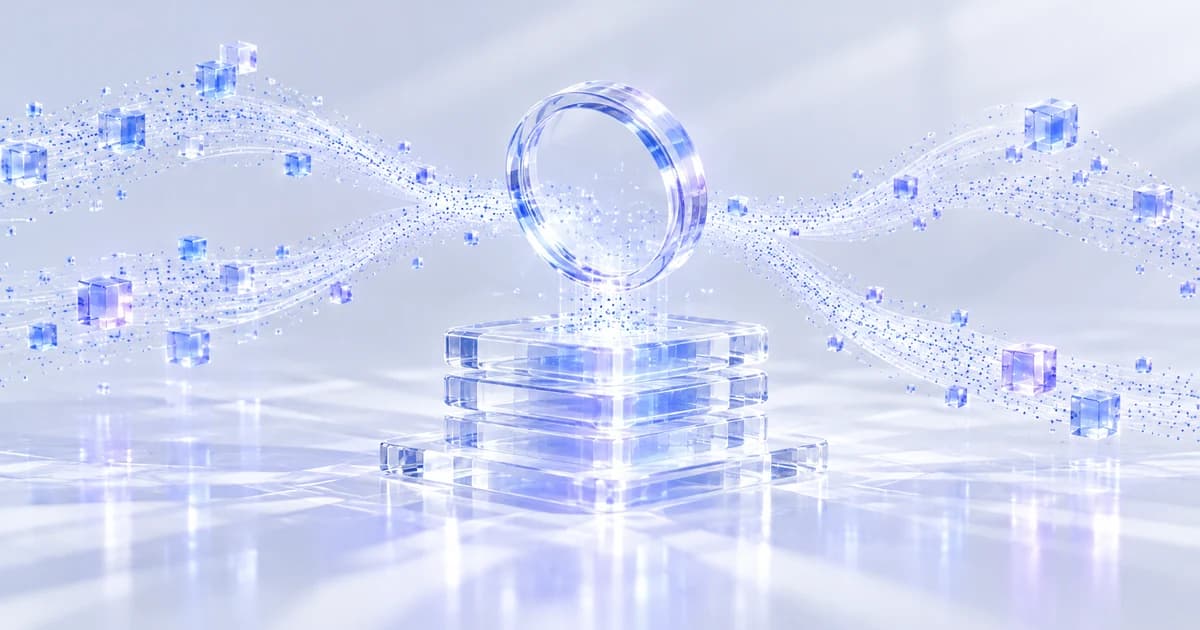 A clear search lens sits between glass information blocks and flowing blue particles.