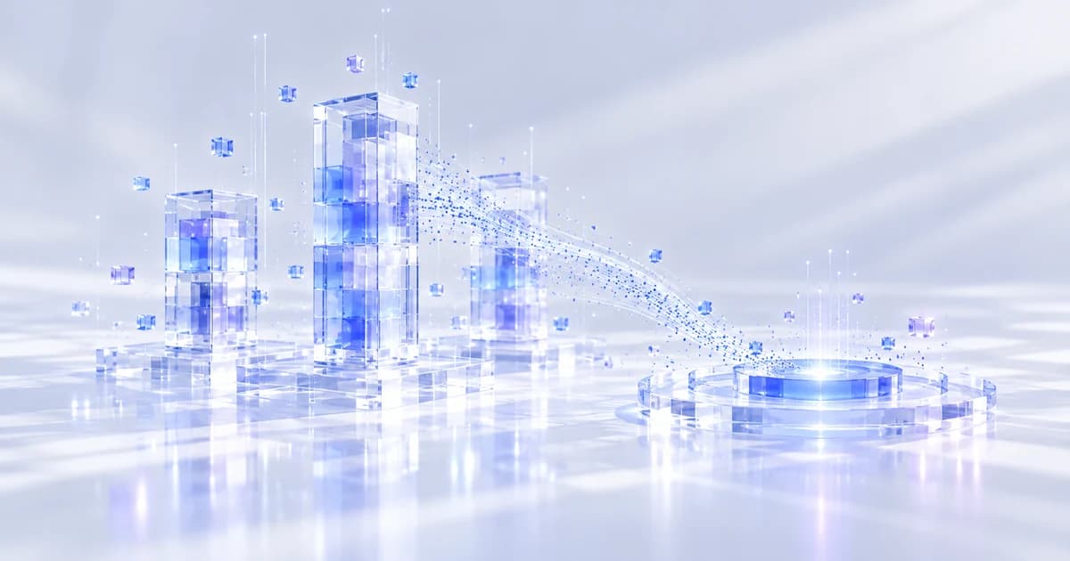 Glass company towers connect by a blue particle stream to a circular meeting platform.